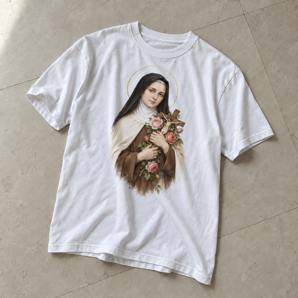 Camiseta branca Santa Teresinha das Rosas, estampa completa