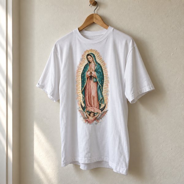 Camiseta branca Nossa Senhora de Guadalupe, estampa completa