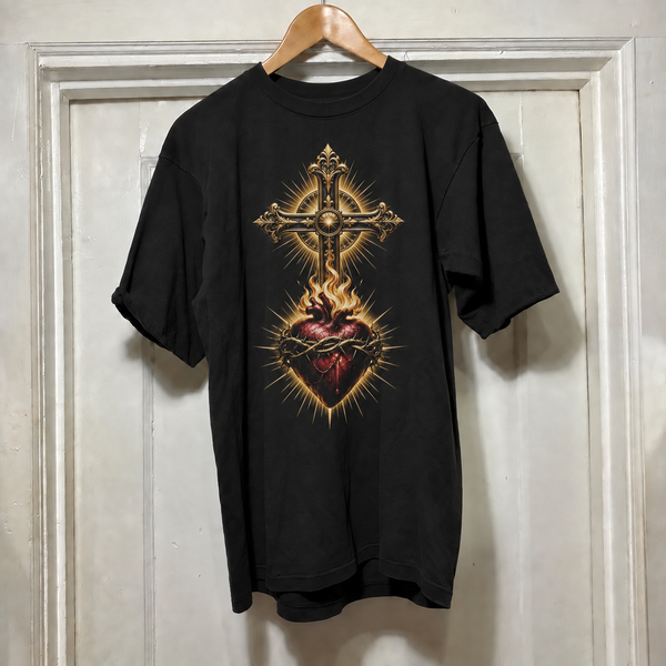Camiseta Cruz Ornamental e Sagrado Coração, estampa completa
