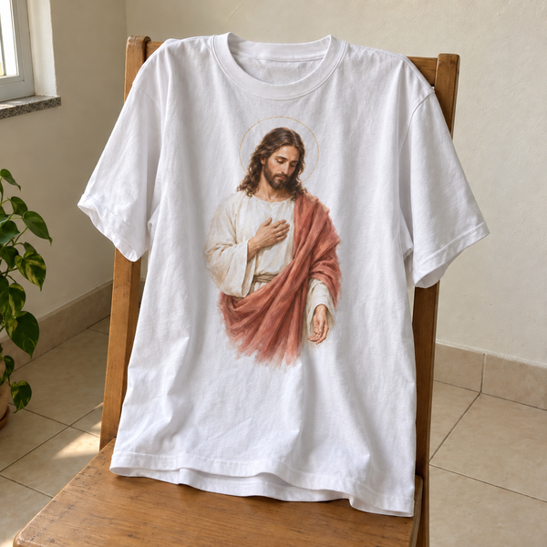 Camiseta branca Cristo da Paz, estampa completa