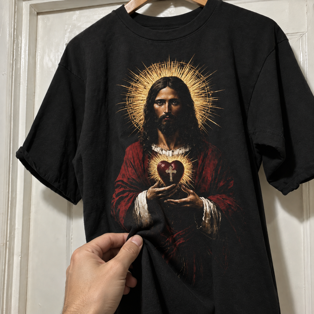Detalhe do toque da camiseta Jesus e o Sagrado Coração Dourado
