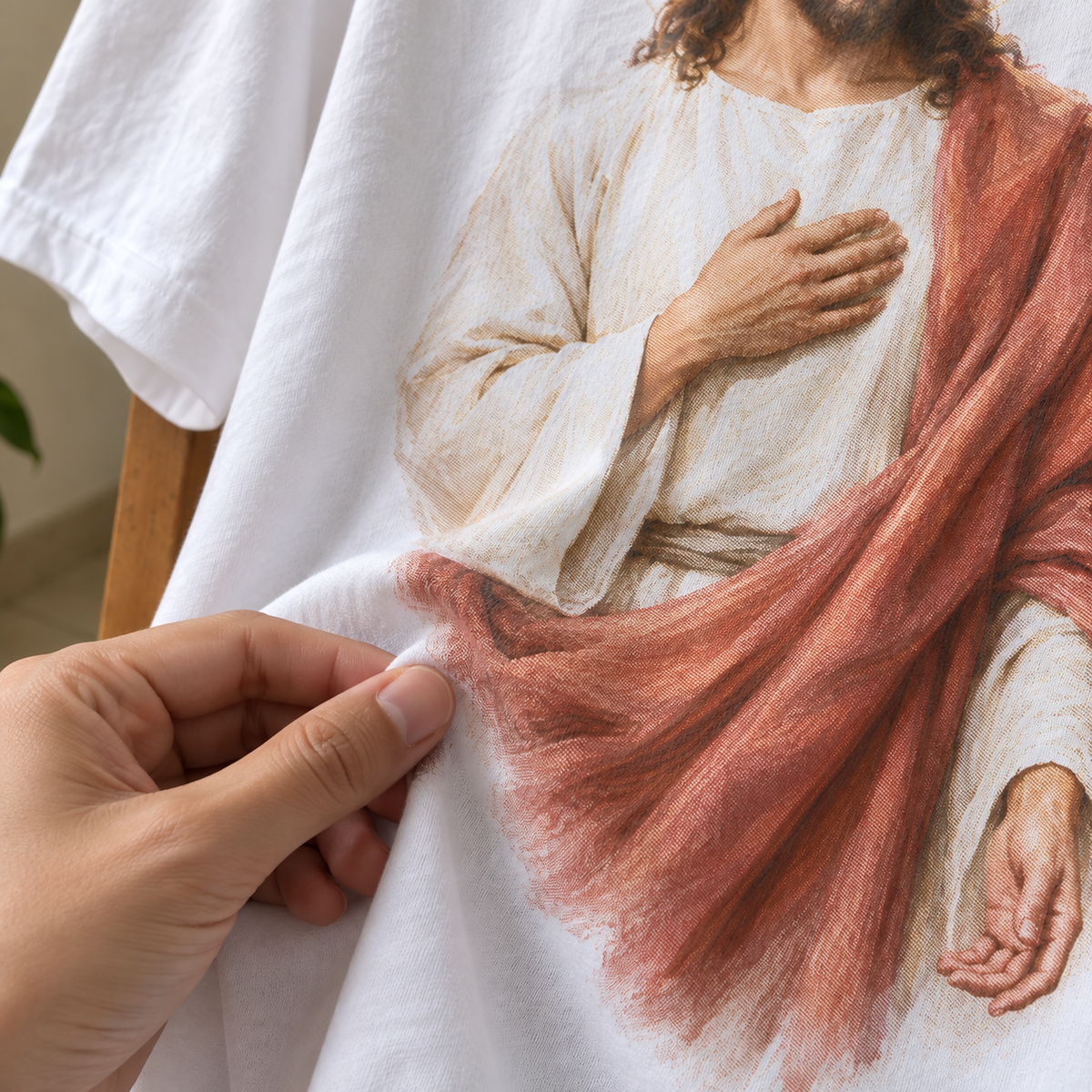 Tecido da camiseta branca Cristo da Paz em movimento