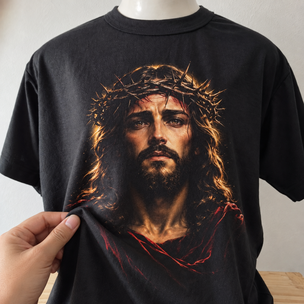 Detalhe do toque da camiseta Cristo Coroado de Espinhos