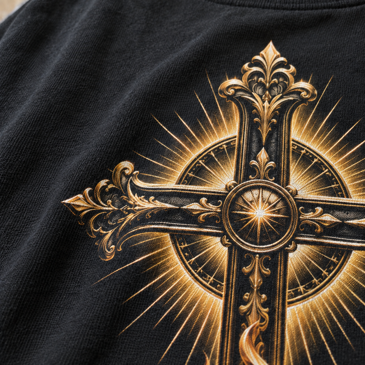 Textura da camiseta com a estampa Cruz Ornamental e Sagrado Coração