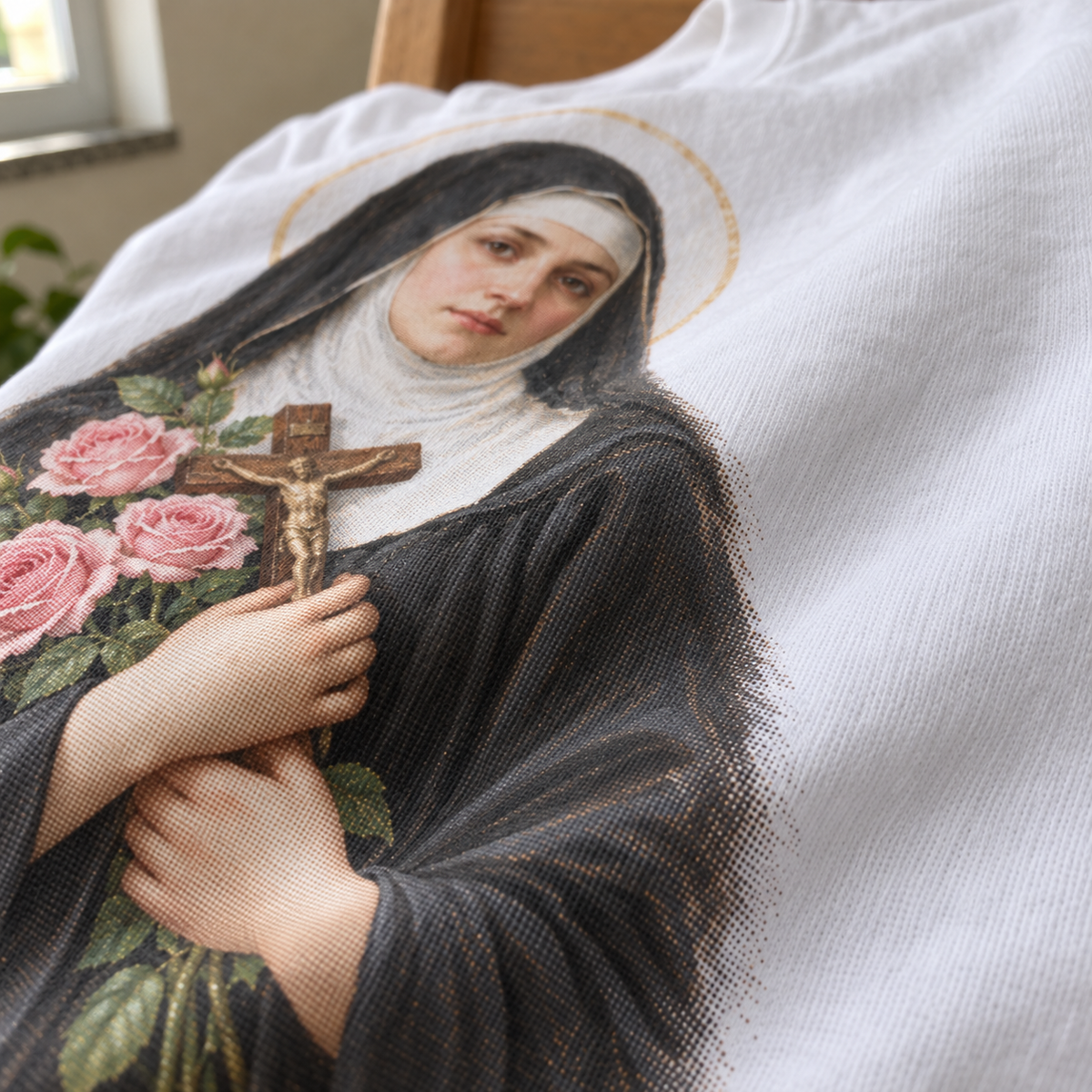 Textura da camiseta branca com a estampa Santa Rita das Rosas