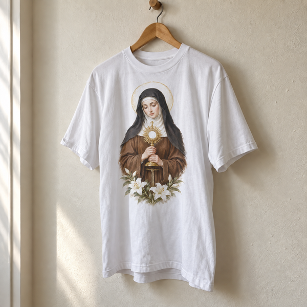 Camiseta branca Santa Clara de Assis, estampa completa