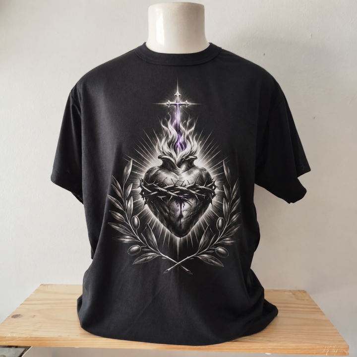 Camiseta religiosa Sagrado Coração Prateado com Ramos | Estampa cristã em DTF