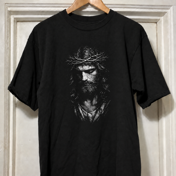 Camiseta Cristo Coroado, Preto e Branco, estampa completa