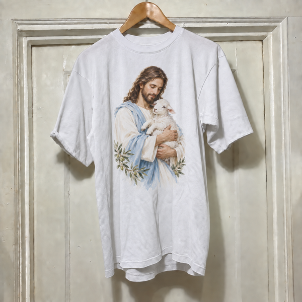 Camiseta branca Jesus, Bom Pastor, estampa completa