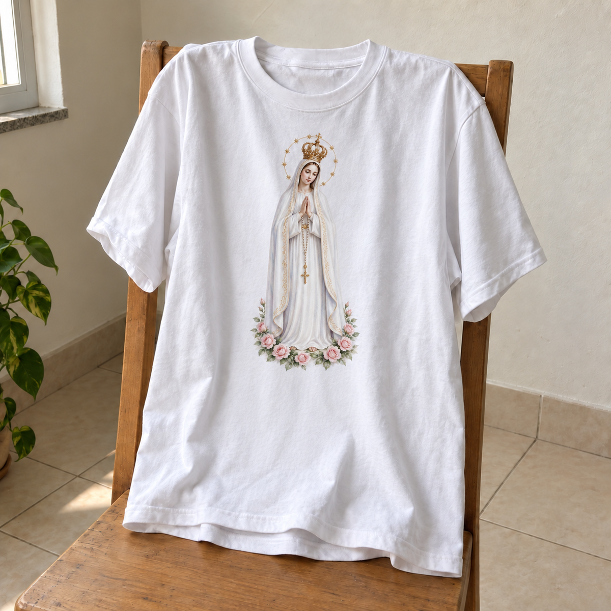 Camiseta branca Nossa Senhora de Fátima, estampa completa