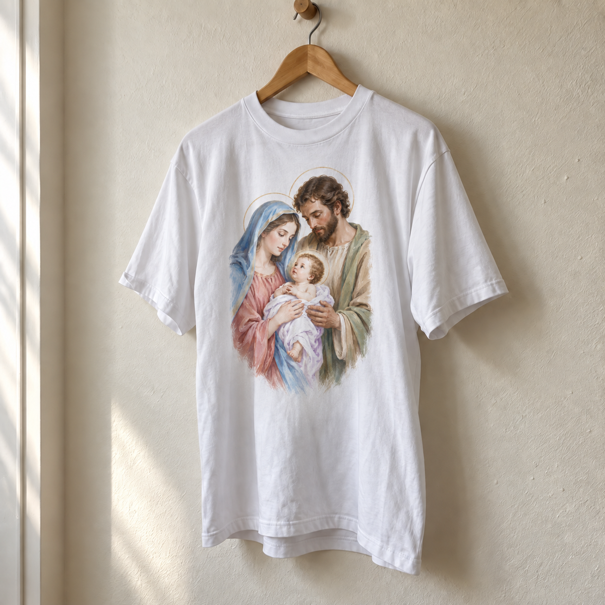 Camiseta branca Sagrada Família, Ternura, estampa completa