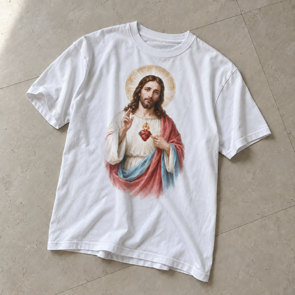 Camiseta branca Sagrado Coração Sereno, estampa completa