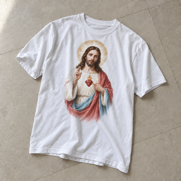 Camiseta religiosa Sagrado Coração Sereno, branca