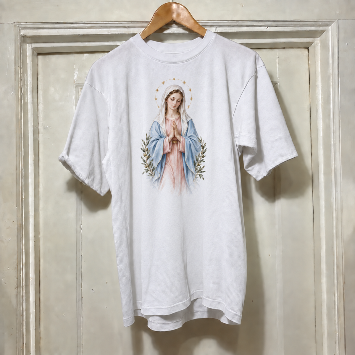 Camiseta branca Nossa Senhora da Paz, estampa completa