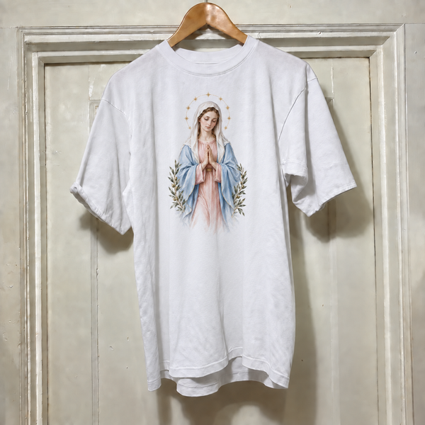 Camiseta branca Nossa Senhora da Paz, estampa completa