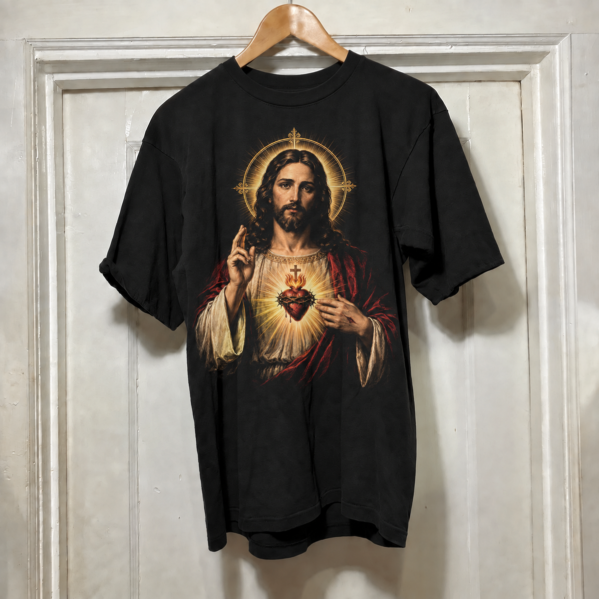 Camiseta Jesus e o Sagrado Coração, estampa completa
