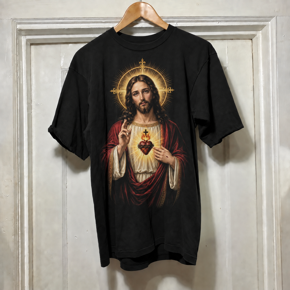 Camiseta Jesus em Bênção e Sagrado Coração, estampa completa