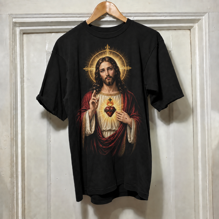 Camiseta religiosa Jesus em Bênção e Sagrado Coração | Estampa cristã em DTF