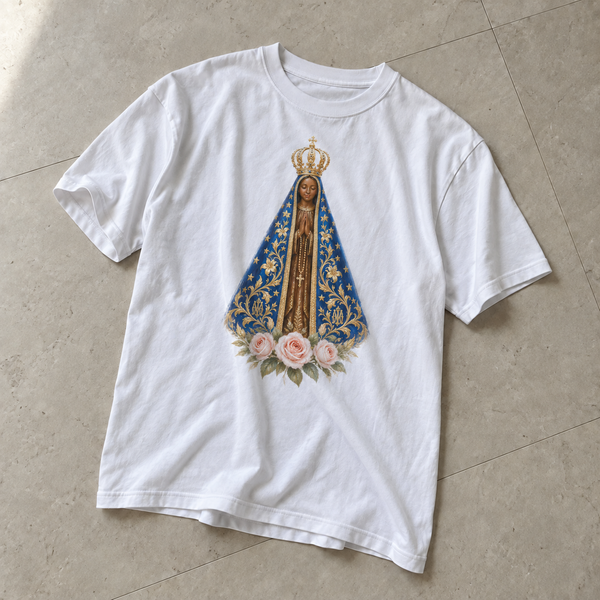 Camiseta branca Nossa Senhora Aparecida, estampa completa