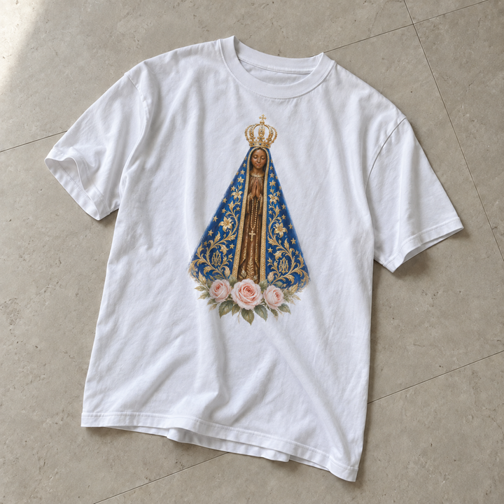 Camiseta religiosa Nossa Senhora Aparecida, branca