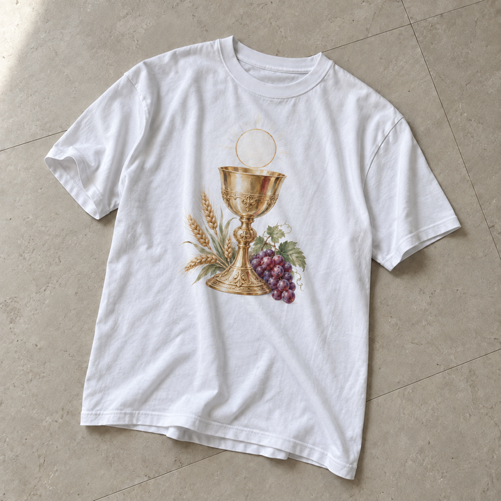 Camiseta religiosa Eucaristia, Trigo e Uvas, branca