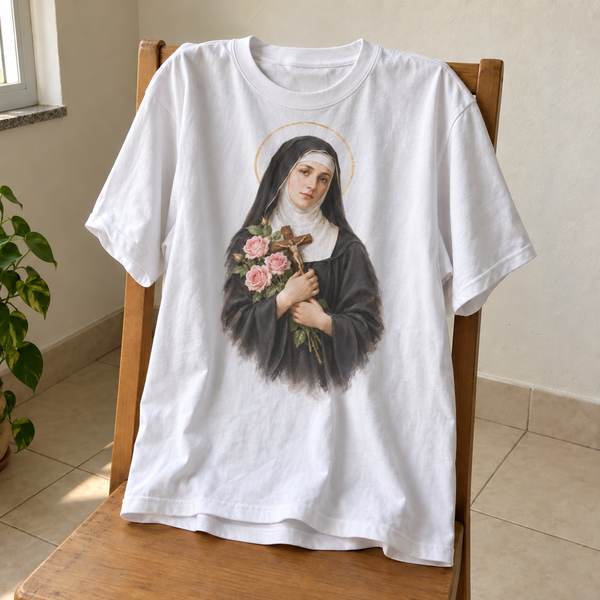 Camiseta branca Santa Rita das Rosas, estampa completa