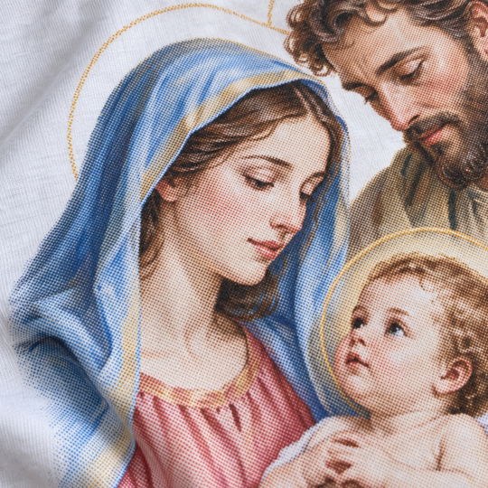 Camiseta religiosa Sagrada Família, Ternura, branca