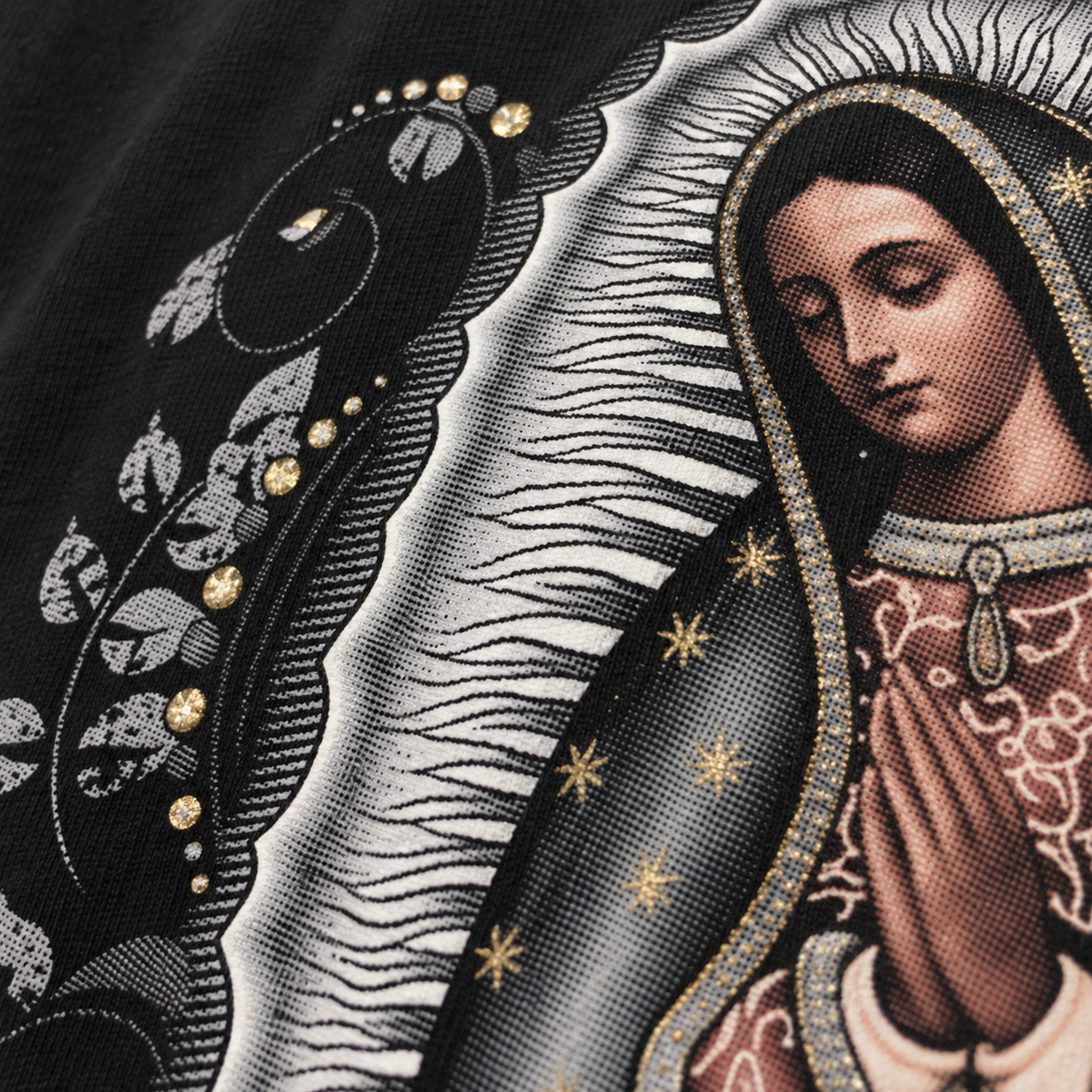 Detalhe da estampa Nossa Senhora de Guadalupe, impressão DTF