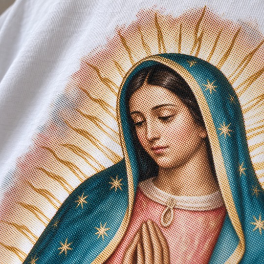 Camiseta religiosa Nossa Senhora de Guadalupe, branca