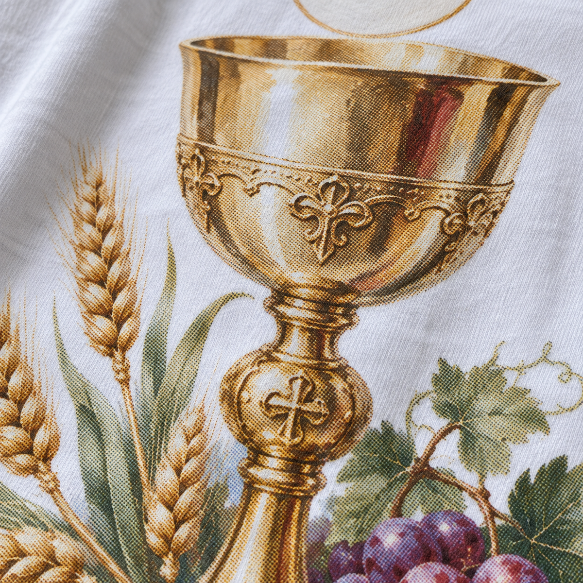 Detalhe da estampa Eucaristia, Trigo e Uvas, impressão DTF com meio-tom
