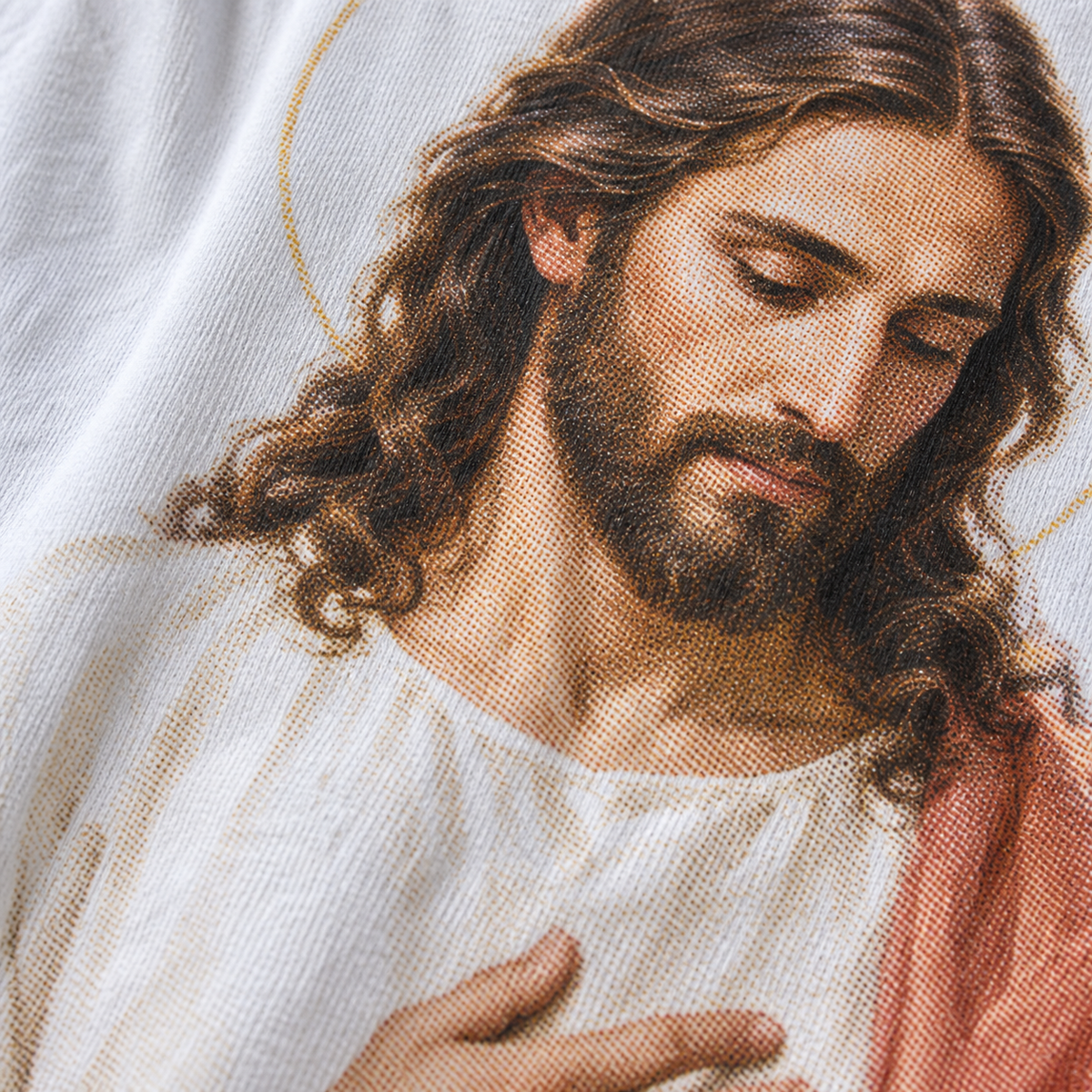 Detalhe da estampa Cristo da Paz, impressão DTF com meio-tom