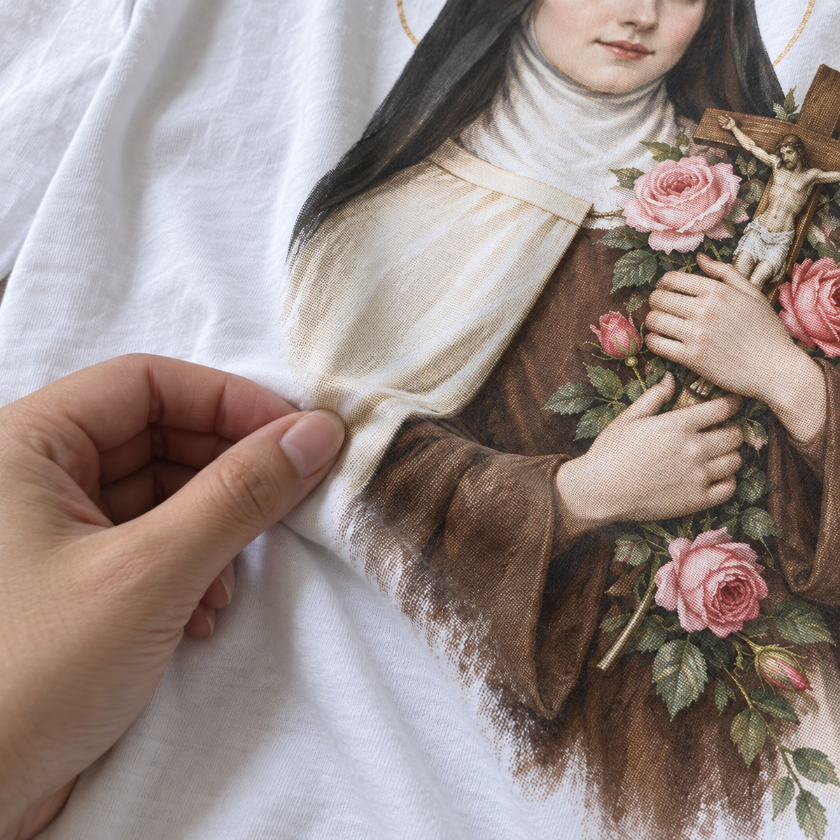 Tecido da camiseta branca Santa Teresinha das Rosas em movimento