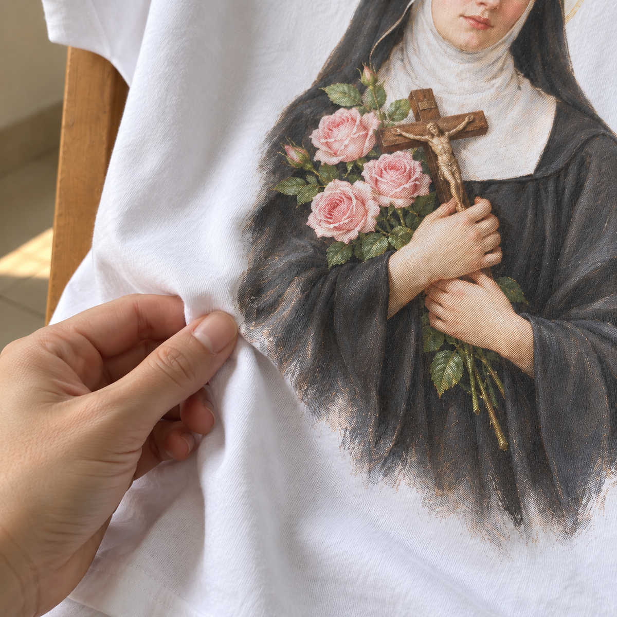Tecido da camiseta branca Santa Rita das Rosas em movimento