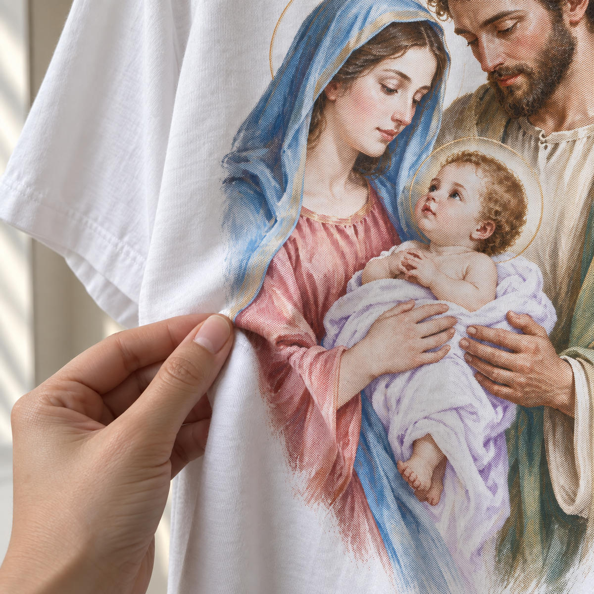 Tecido da camiseta branca Sagrada Família, Ternura em movimento