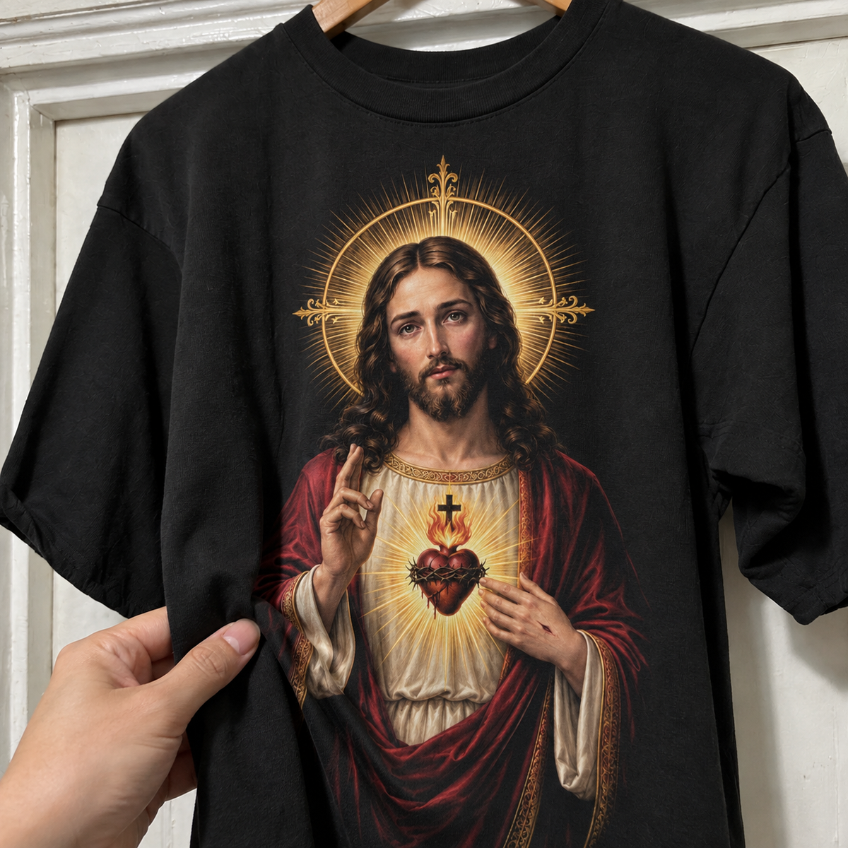 Detalhe do toque da camiseta Jesus em Bênção e Sagrado Coração
