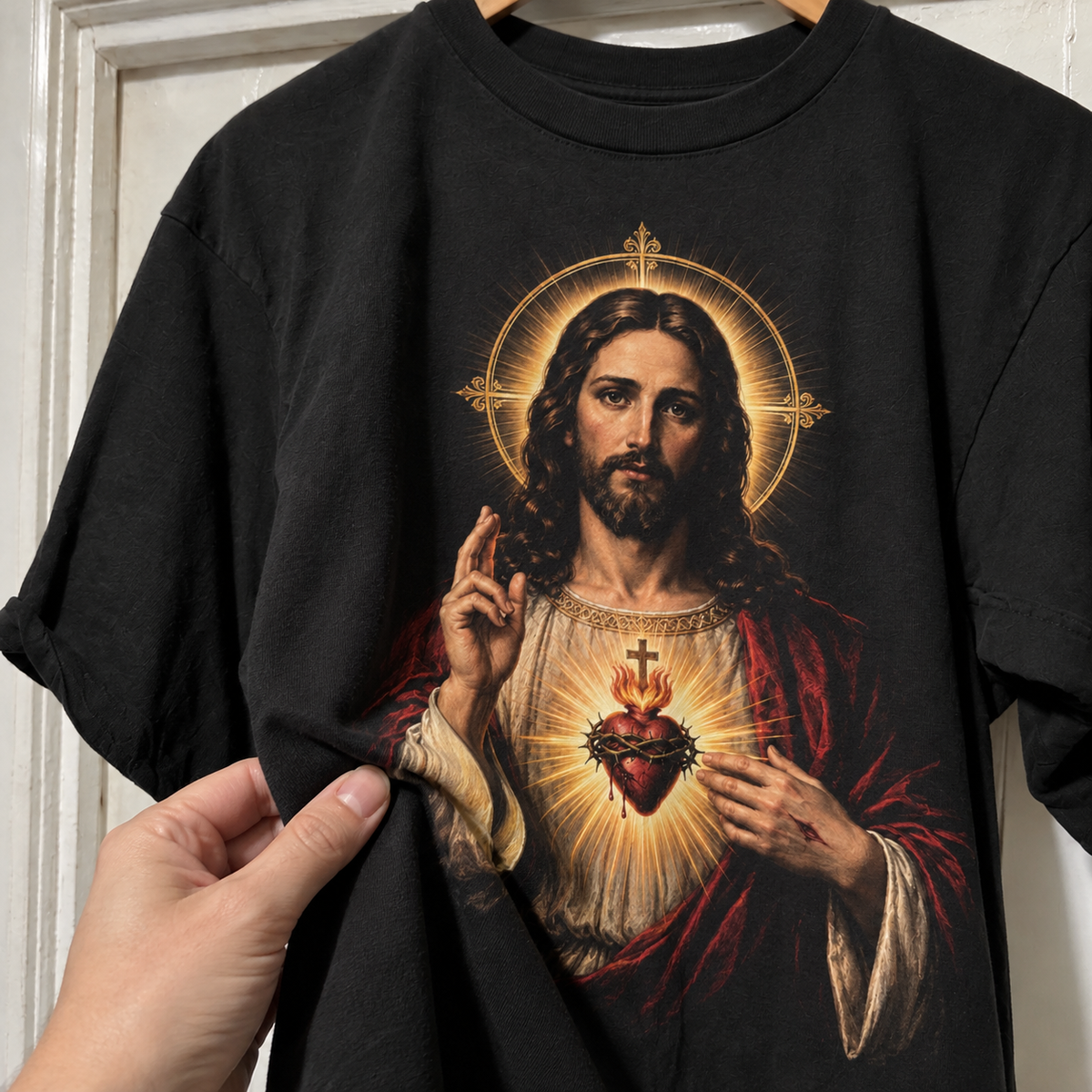 Detalhe do toque da camiseta Jesus e o Sagrado Coração