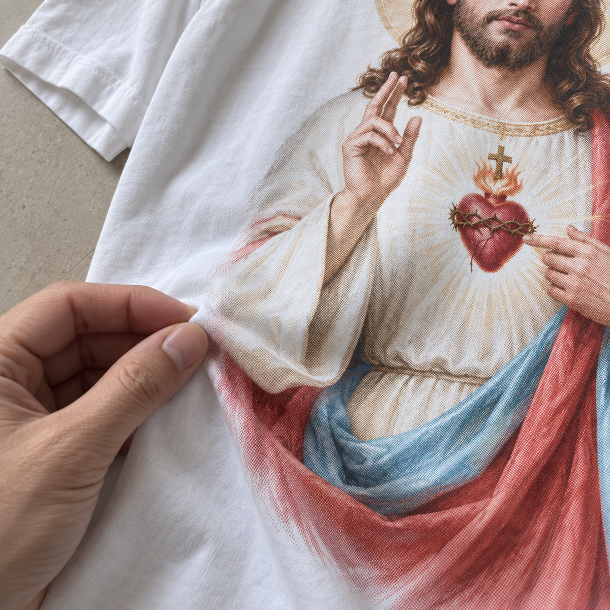 Tecido da camiseta branca Sagrado Coração Sereno em movimento