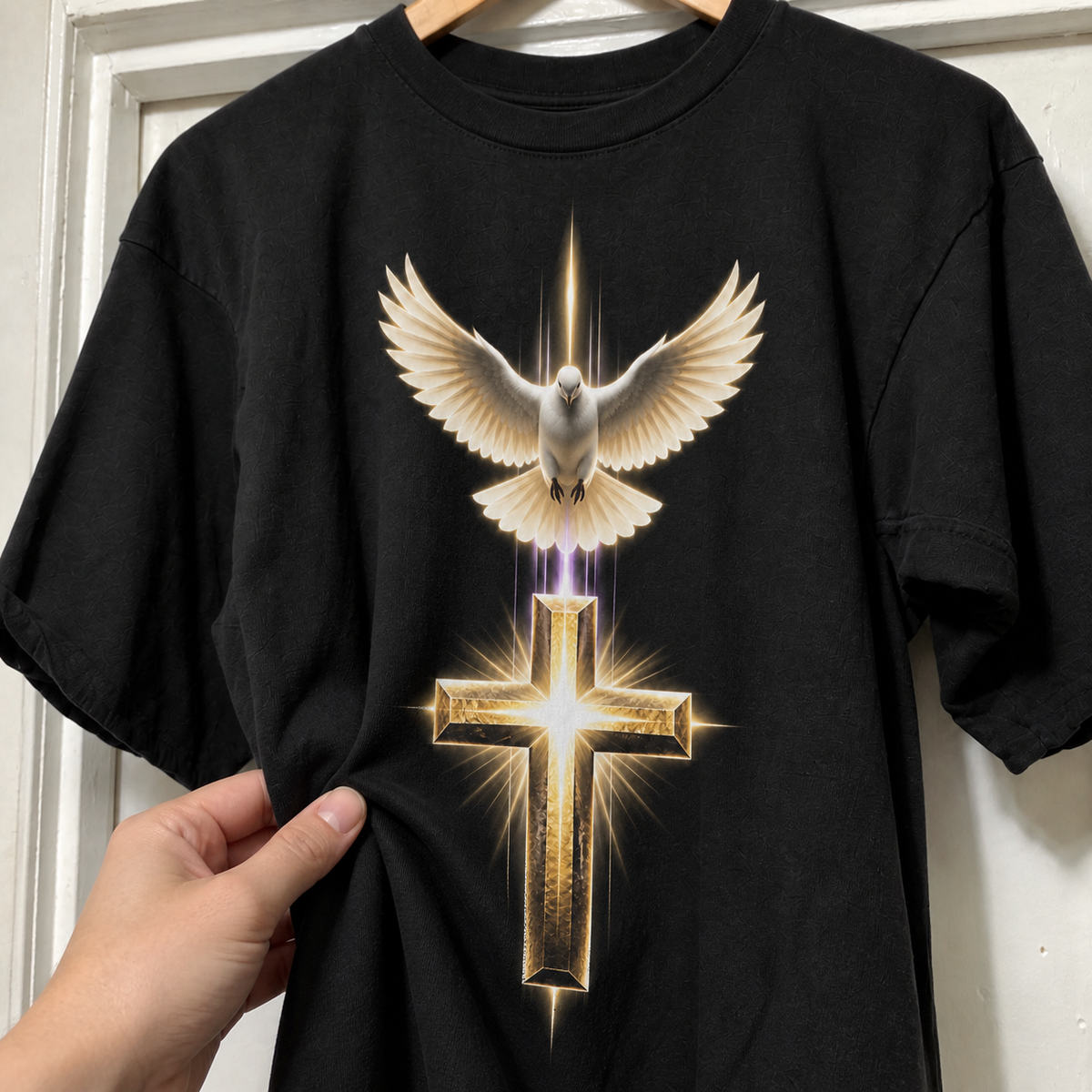 Detalhe do toque da camiseta Poder do Espírito Santo