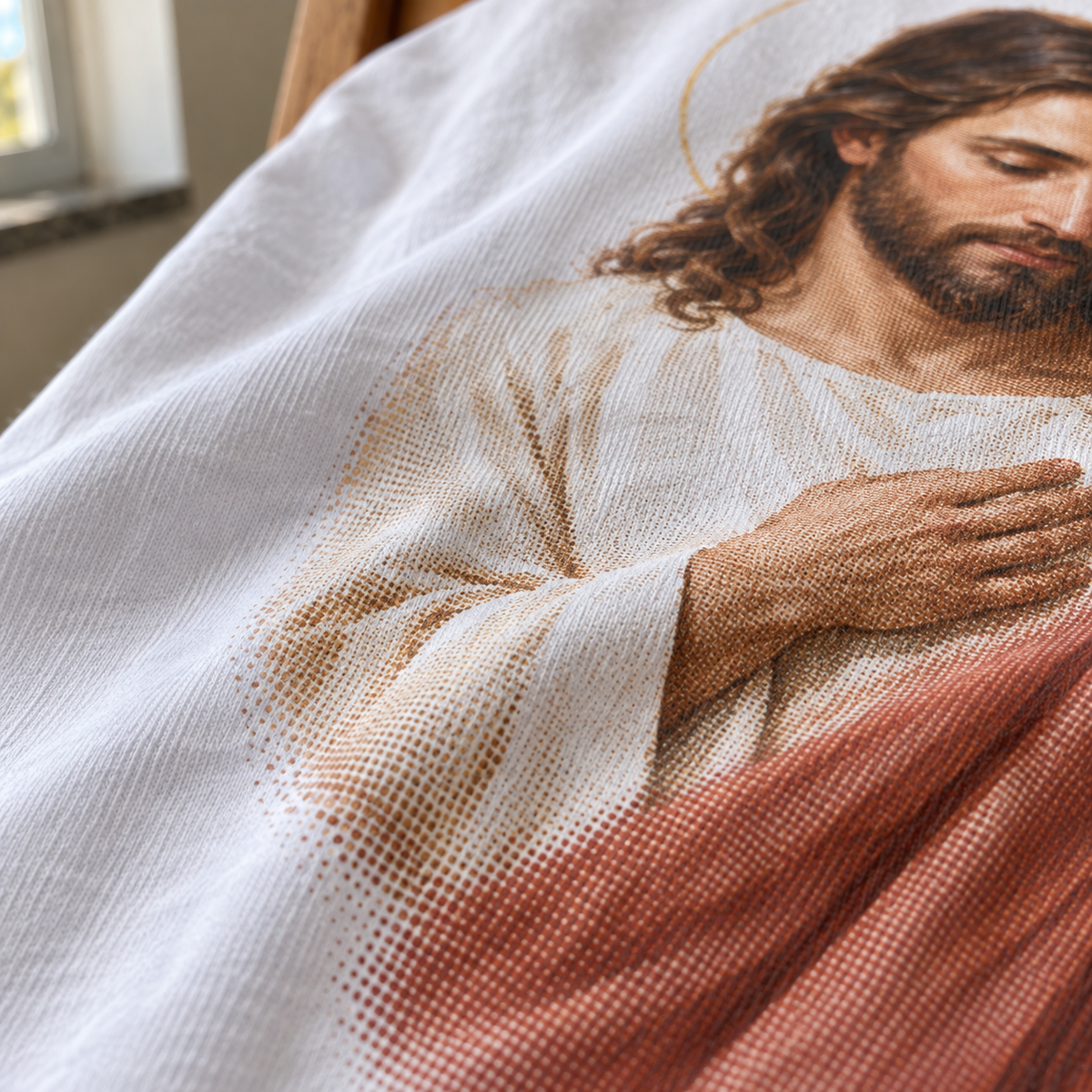 Textura da camiseta branca com a estampa Cristo da Paz